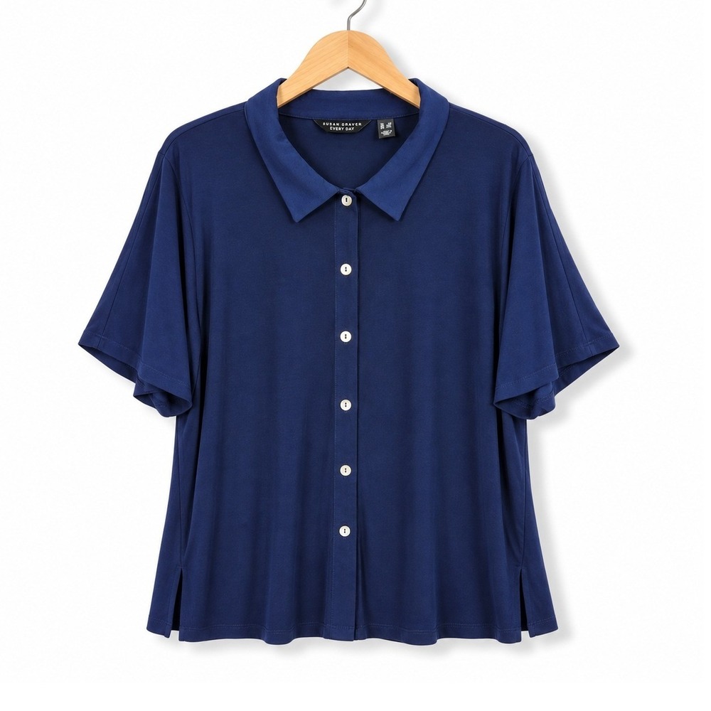 Susan Graver Womens 3X Navy Liquid Knit Dolman Sleeve Camp Shirt A684071